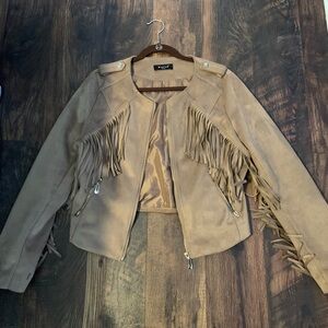 Beulah Style Tan Faux Suede Jacket with Fringe Accents - two zip pockets